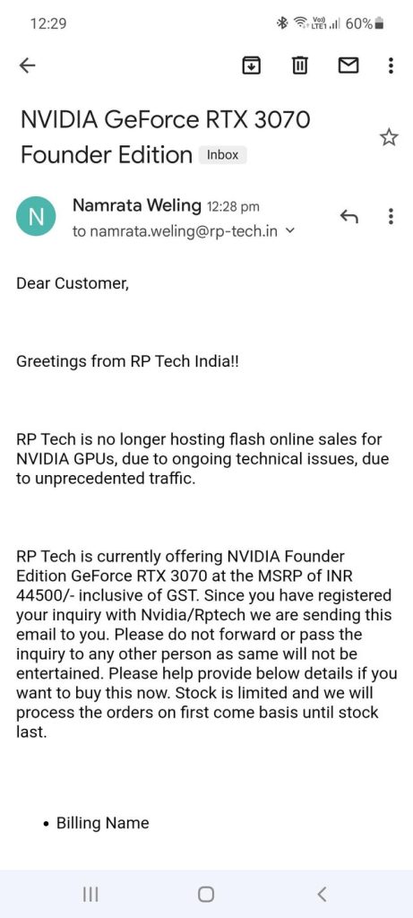 RP Tech India Scam Email, namrata.weling@rp-tech.in